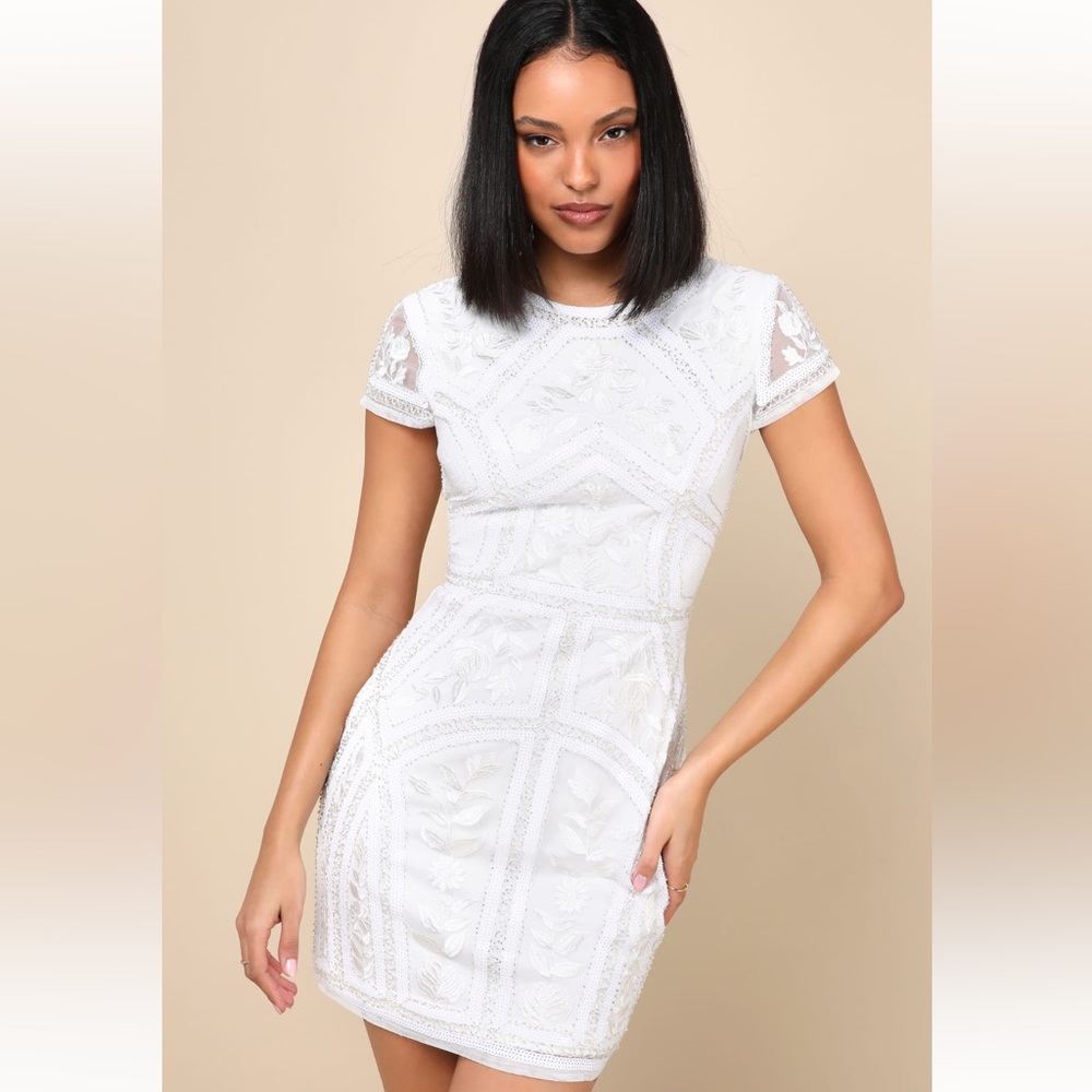 Lulu’s Spread Your Shine White Sequin Embroidered Bodycon Dress